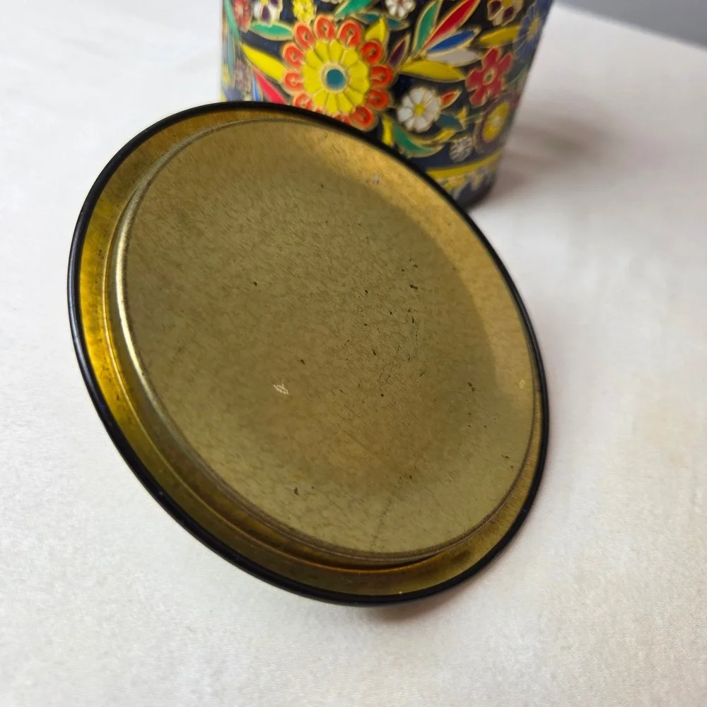 Vtg Daher Floral Metal Tin Canister 11101 England Black Multi Color Tea Biscuit
